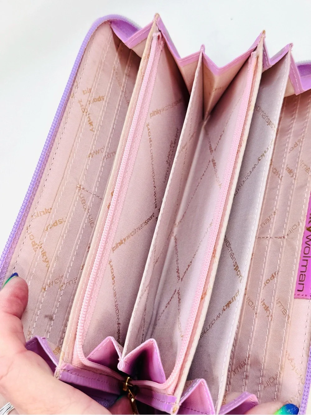 Pinky Wolman Full Sized Pink & Lavender Heart-Embossed Zip Around Wallet W/Charm